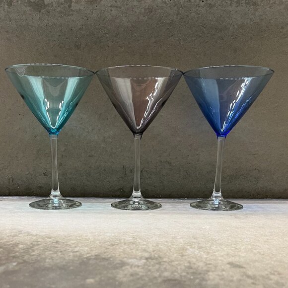 Set of 3 Martini/Cocktail Glasses: 1 Teal, 1 Smoky, 1 Blue, 5" x 7-1/2" - Picture 9 of 9